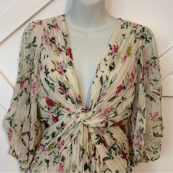 ML Monique Lhuillier Floral Print Pleated Chiffon Puff Sleeve Cutout Maxi Gown 2 - Picture 6 of 11